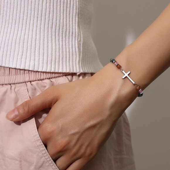 Christian Cross Bracelet Women Stainless Steel Natural Stone Gift - Picture 5 of 7